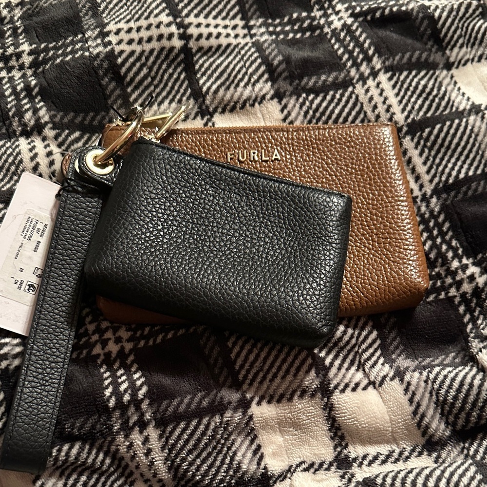 NWT Furla Black and Tan Leather Wallet Duo